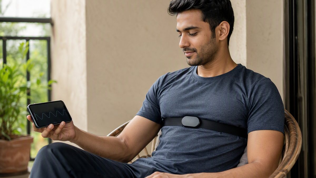 Person sitting calmly with a chest strap heart-rate monitor, phone showing a smooth wave graph