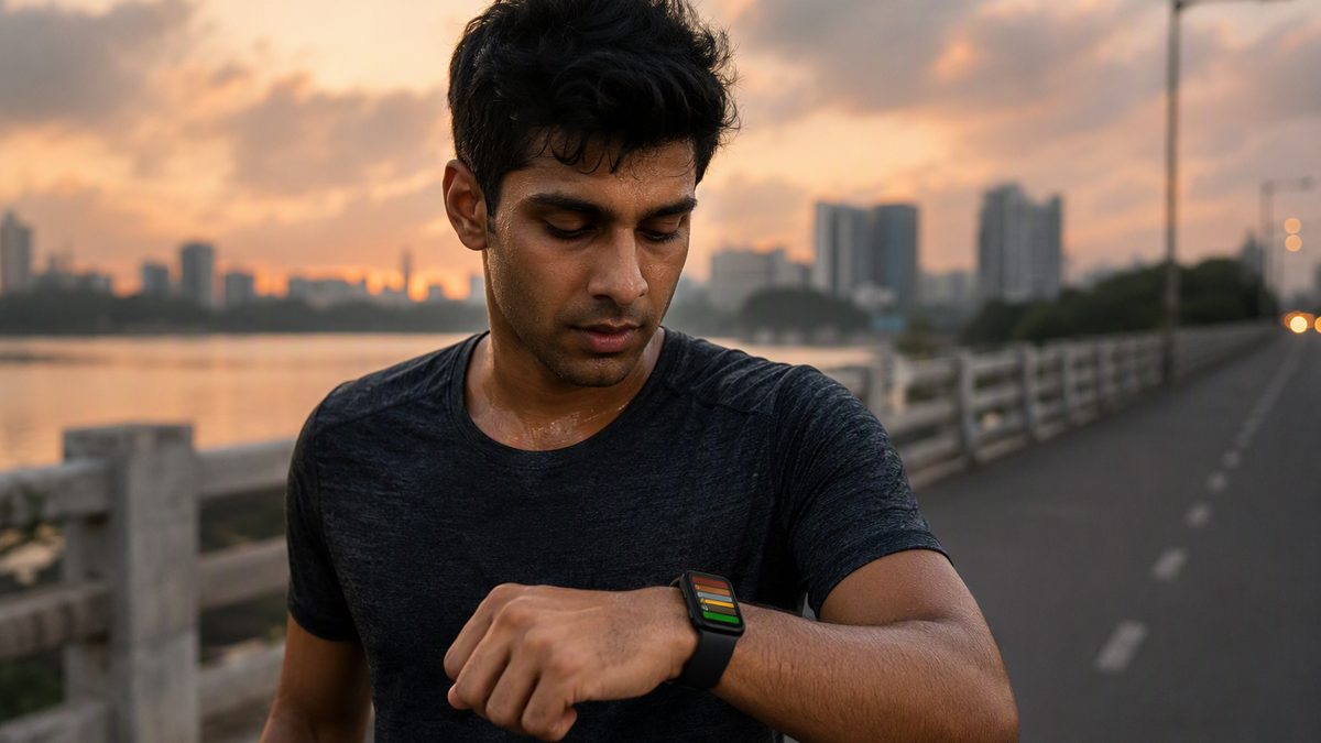 Runner glancing at a smartwatch showing coloured heart-rate zones during an evening run