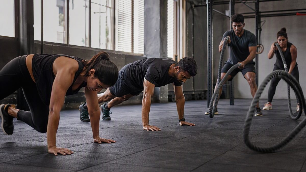 People doing burpees and battle ropes in a high-energy gym interval class