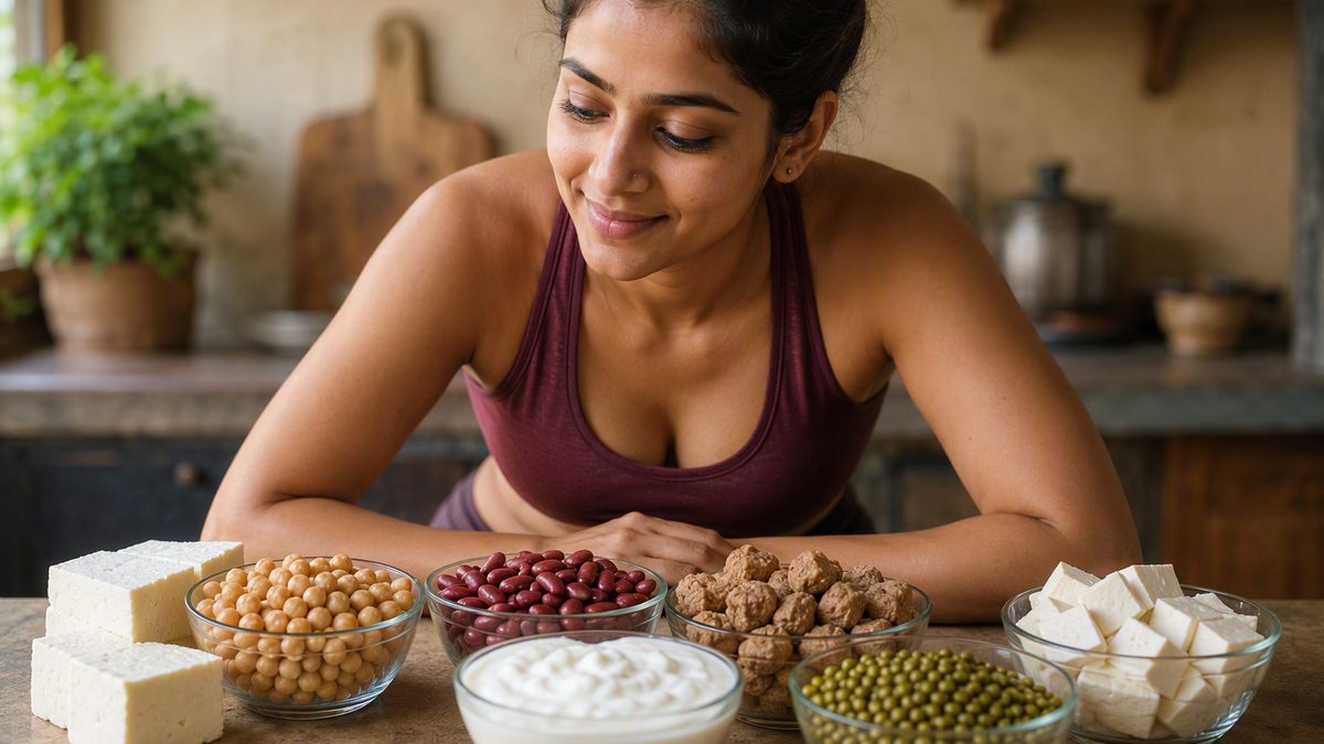 Vegetarian high-protein spread: paneer, chana, rajma, soya chunks, tofu, curd and moong dal