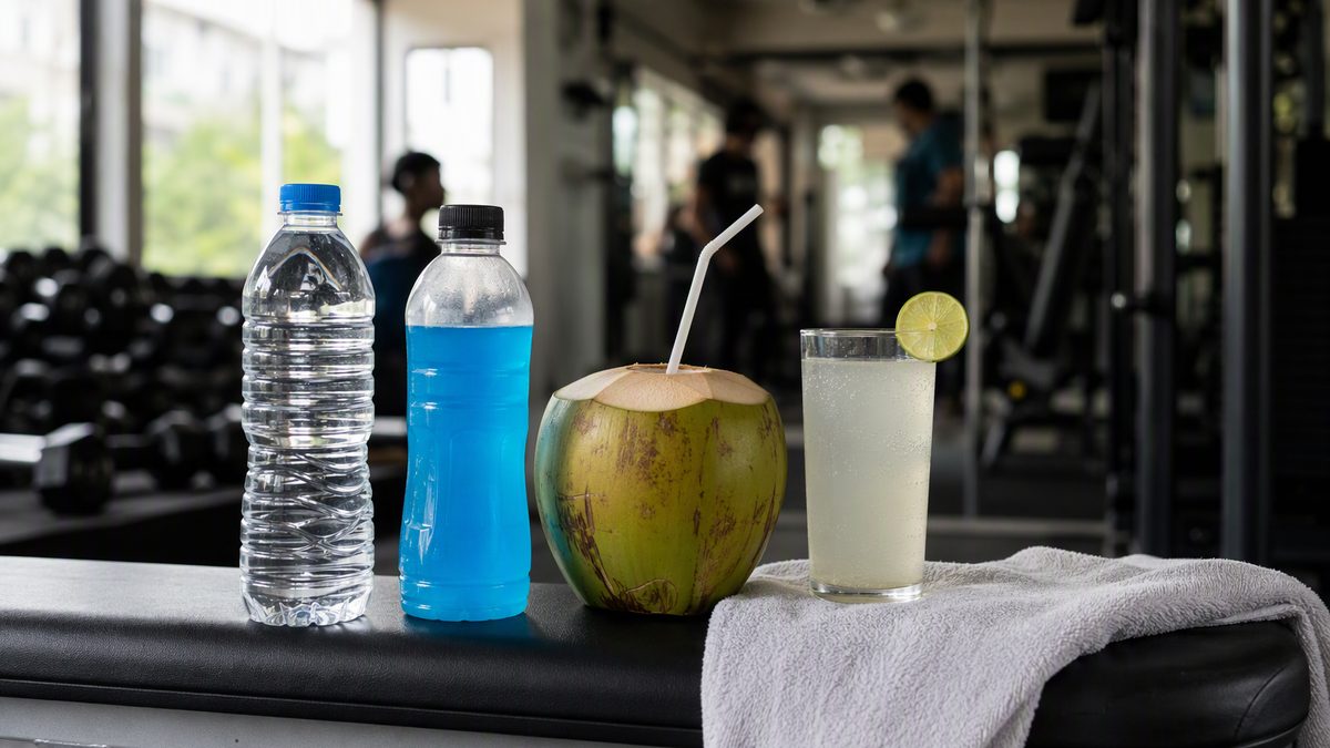Water bottle, electrolyte drink, coconut water and nimbu pani on a gym bench with a towel