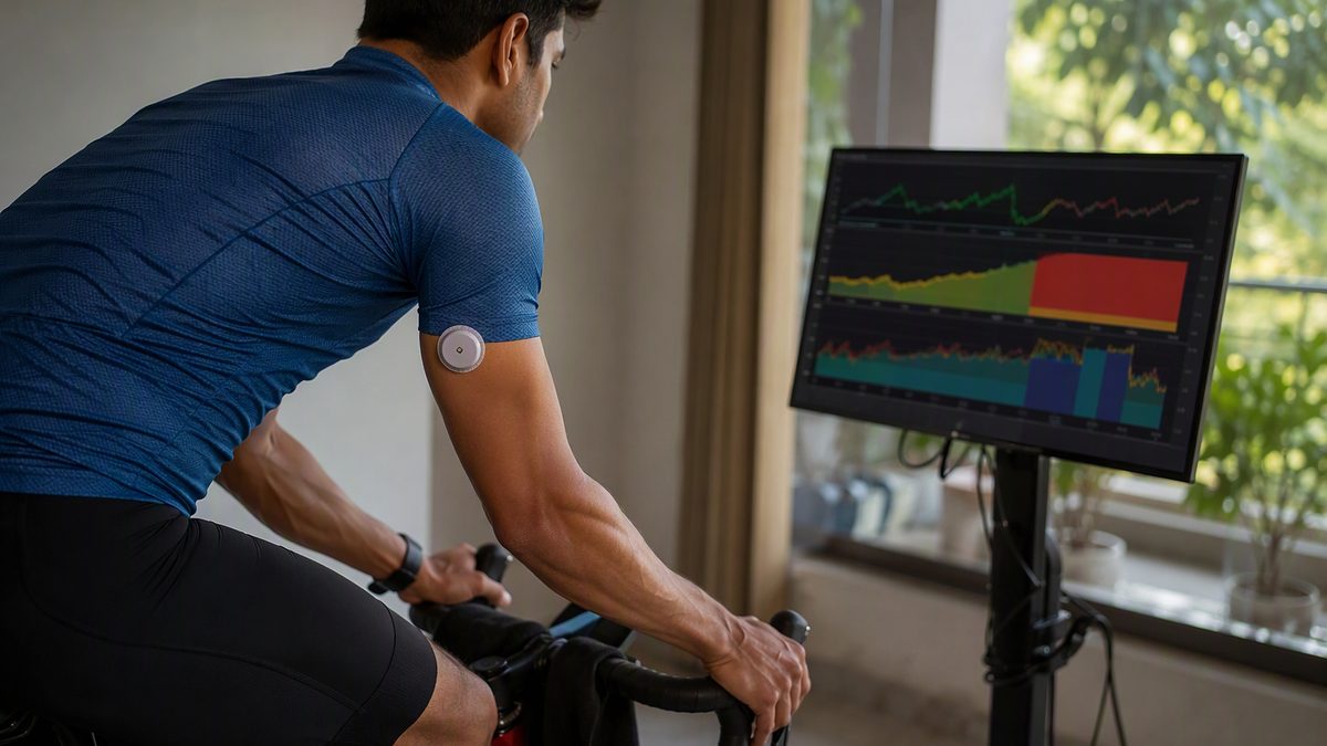 Cyclist on an indoor trainer wearing a lactate sensor on the arm, screen with performance graphs