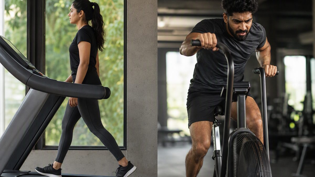 Split scene: person on a steady incline walk on a treadmill and another sprinting on an air bike