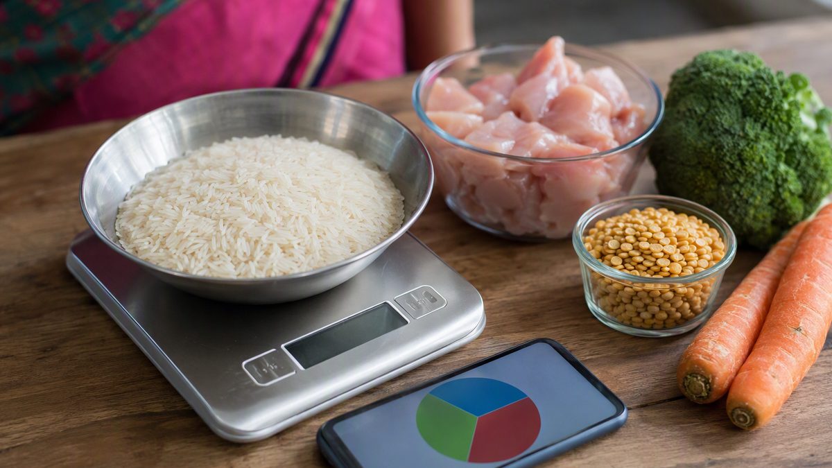 Kitchen scale weighing rice beside chicken, dal and vegetables, phone with a macro pie chart
