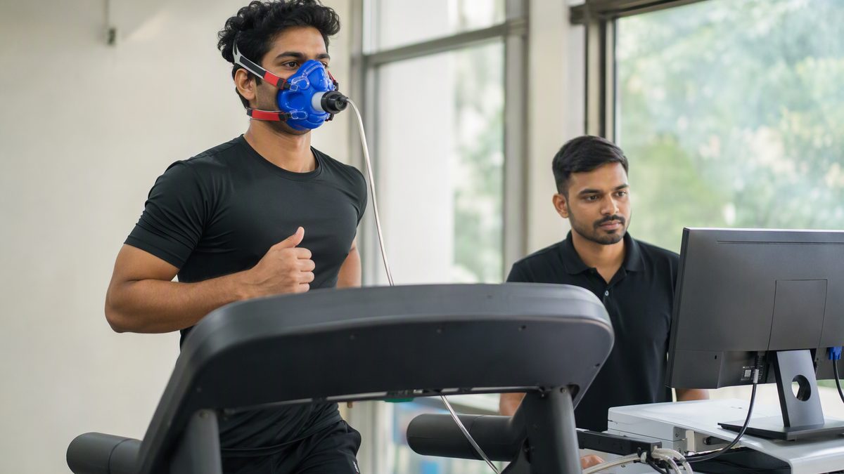 Athlete running on a treadmill wearing a VO2 max test mask, technician watching a monitor