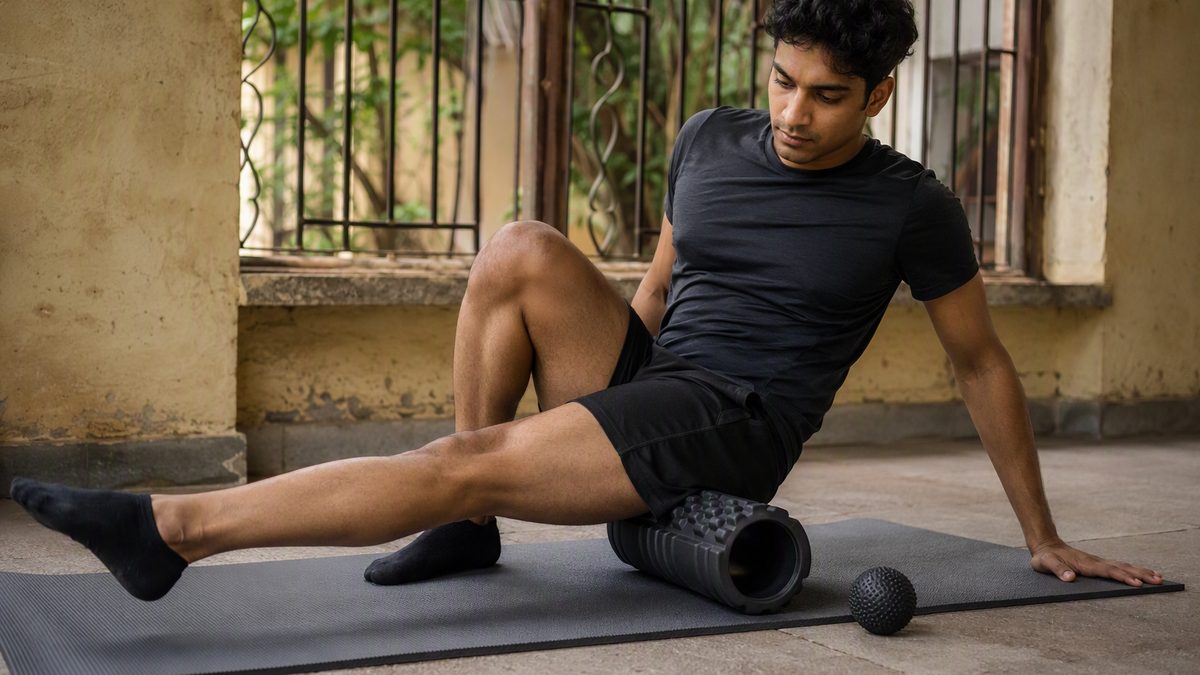 Person rolling their thigh on a foam roller on a gym mat, massage ball beside them