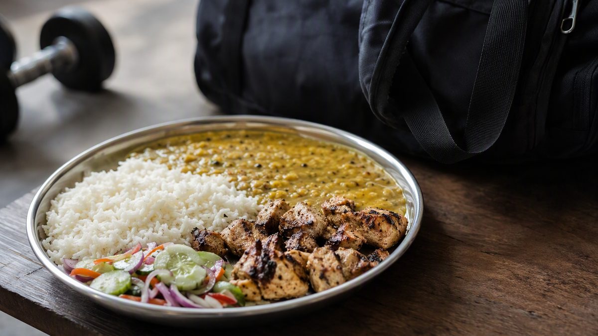 Post-workout meal of rice, dal, grilled chicken and salad in a steel plate beside a gym bag