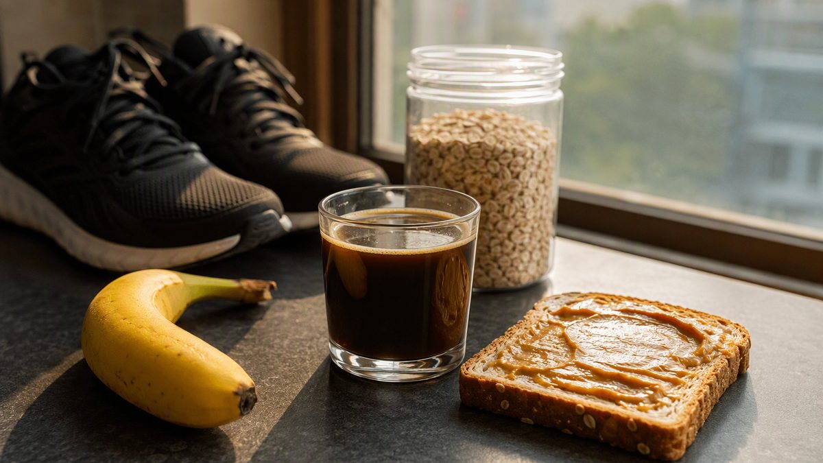 Banana, black coffee, oats and peanut butter toast on a counter with gym shoes nearby, early morning