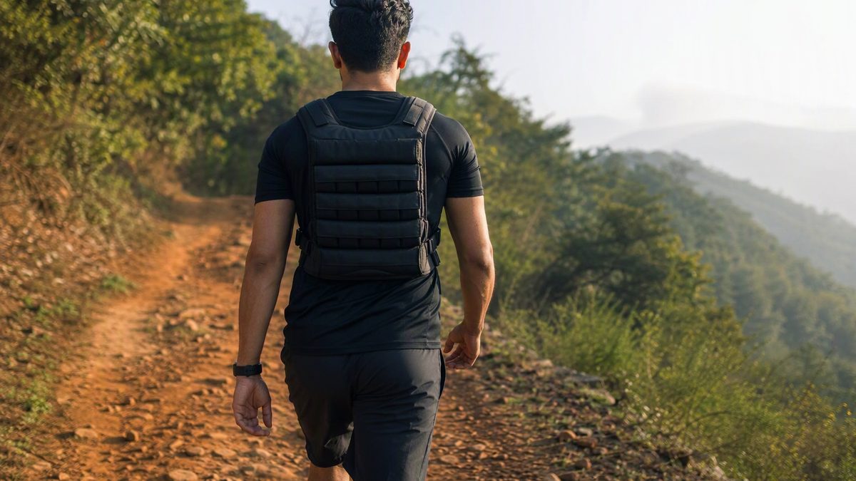 Person walking on a trail wearing a weighted rucksack, morning light