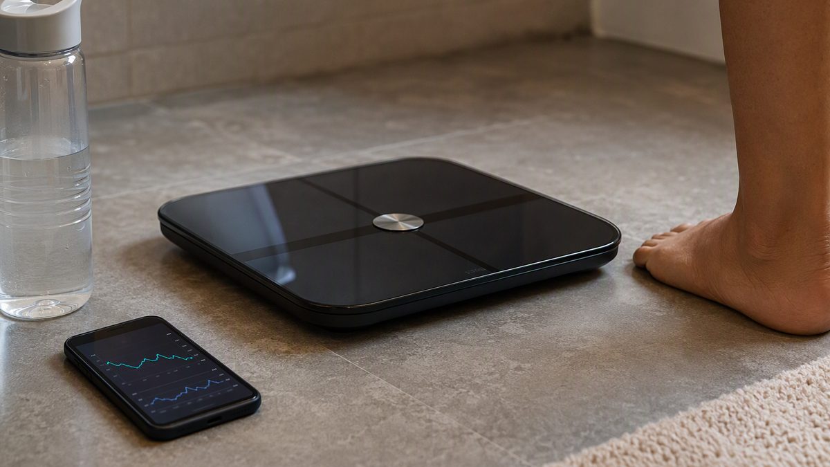 Smart scale on a bathroom floor next to a water bottle and a phone with weight and hydration trend graphs