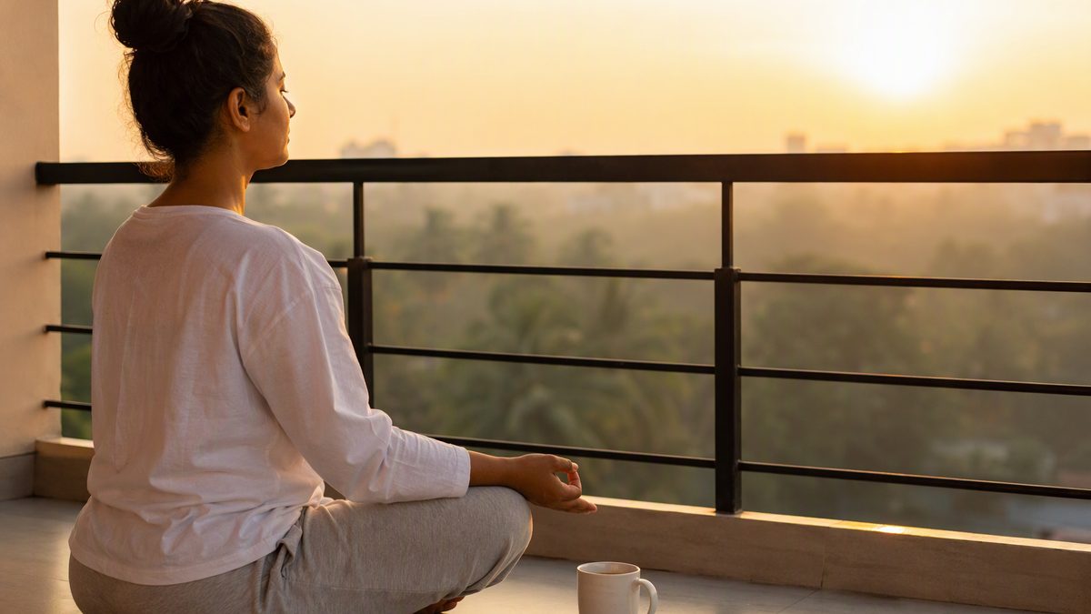 Person meditating on a balcony at sunrise with a cup of tea beside them