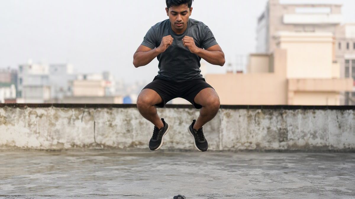 Person doing jump squats with a stopwatch interval timer on the floor in front of them