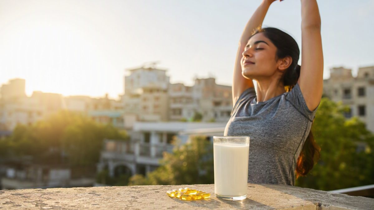 Person stretching outdoors in morning sunlight, vitamin D capsules and a glass of milk on a ledge