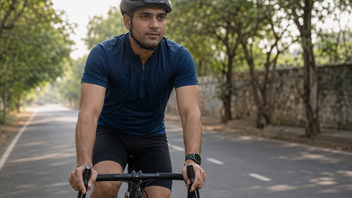Cyclist riding at an easy steady pace on a quiet road, heart-rate watch on wrist