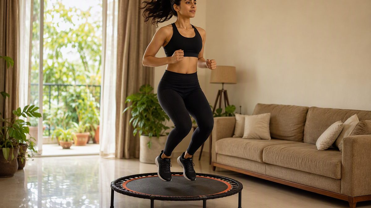 Person in workout clothes bouncing on a mini fitness trampoline in a living room