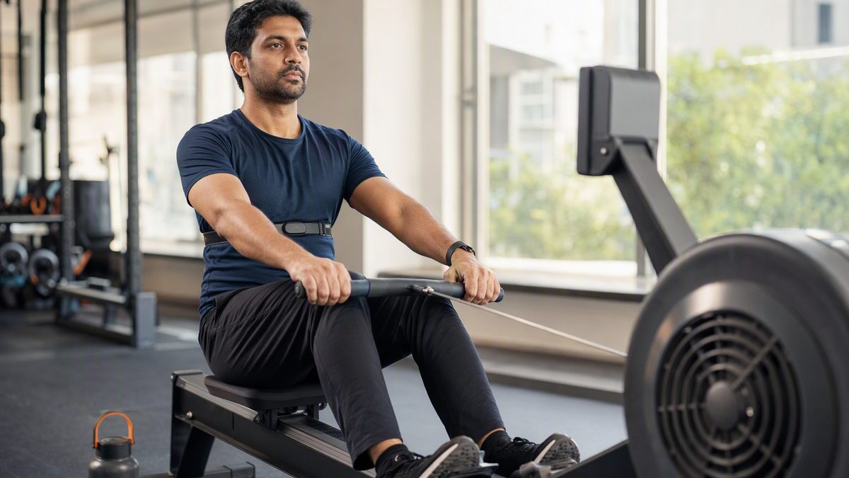 Adult Indian man on an indoor rowing machine in a bright gym at a steady easy pace with a heart-rate chest strap visible and a water bottle beside the machine
