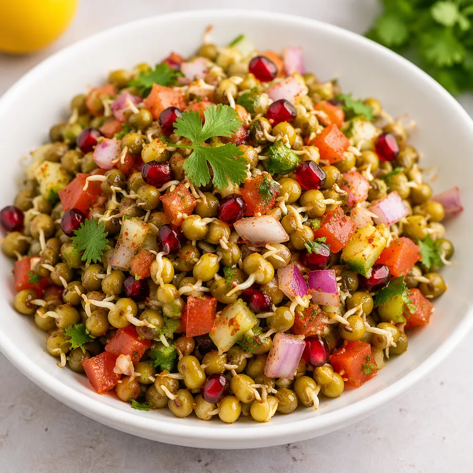 Sprouted moong chaat bowl with lemon and chaat masala